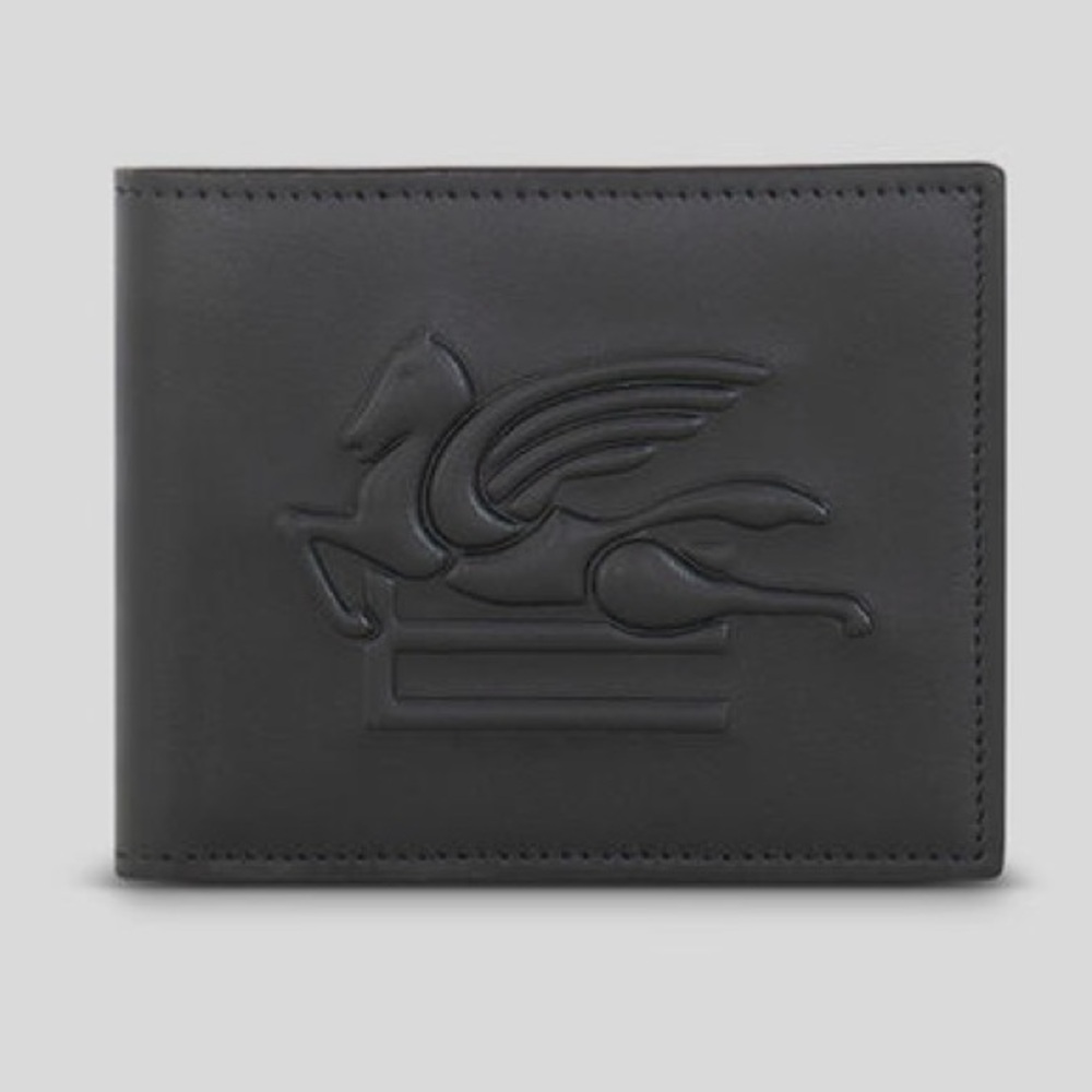 NWT $490 Etro Black Leather Wallet Embossed Pegasus Made in Italy Cards Holder